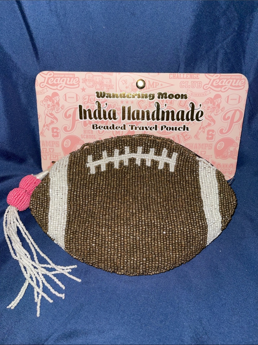 India Handmade Brown Beaded Football Travel Pouch with Pink Tassel
